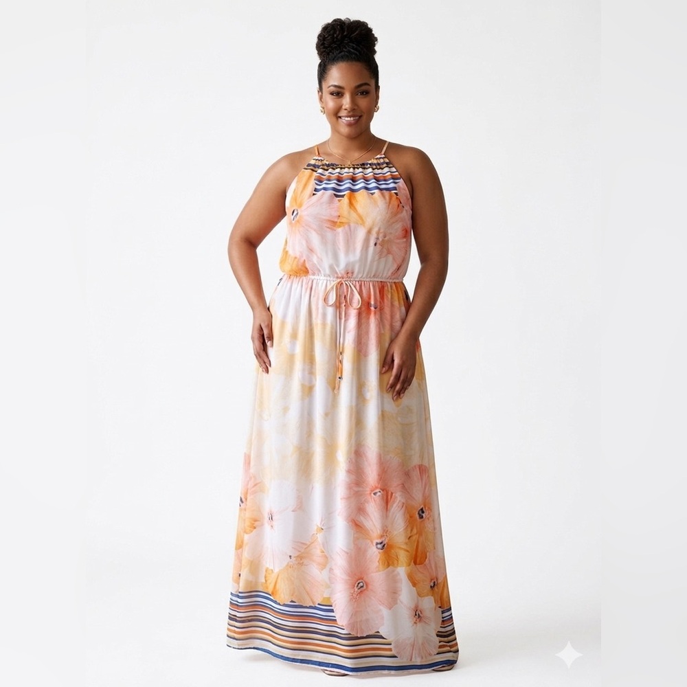 SWEET STORM L Peach Orange Floral Striped Hem Sleeveless Resortwear Maxi Dress